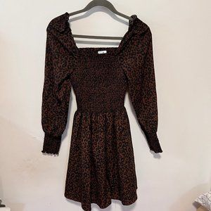 BP Nordstrom Smocked Long Sleeve Mini Dress Brown Leopard Print